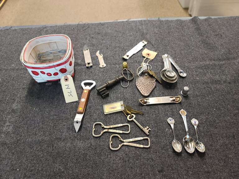 Basket of vintage keys, bottle/can openers (2 Oertel Brewing