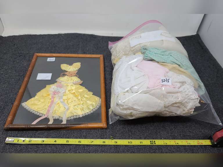 Vintage yellow ribbon dress paper doll. Ziploc of vintage clothes, may