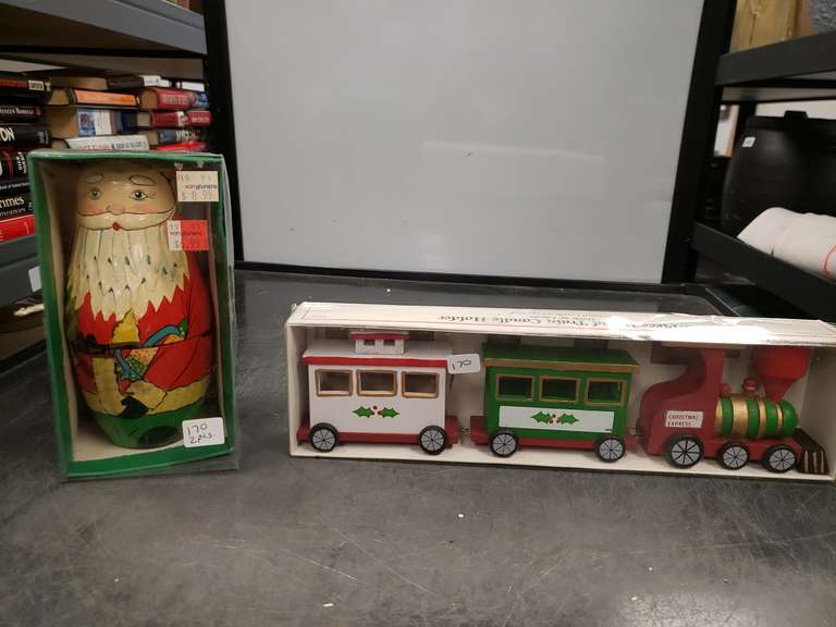 Wood train and stacking Santas in boxes. Northern Kentucky Auction, LLC