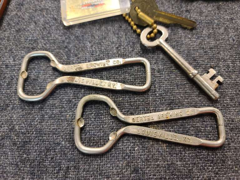 Basket of vintage keys, bottle/can openers (2 Oertel Brewing
