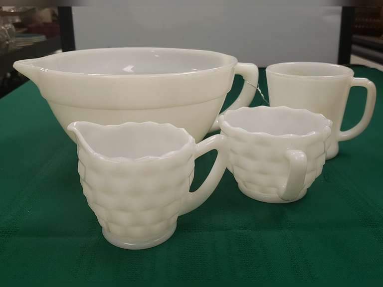 Fire King milk glass creamer sugar, mug and batter bowl