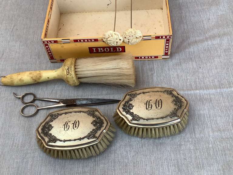 2 Vintage hat pins, Fuller Brush, scissors and 2 antique, monogrammed