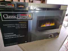 Classic Flame serendipity wall mount electric fire display with heater. In  original packing. - Northern Kentucky Auction, LLC