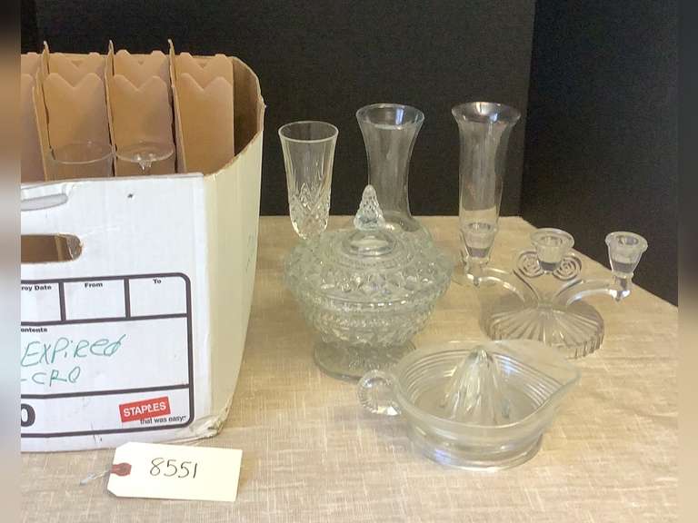 11 Edged champagne glasses, candy dish, hand juicer, candle stick