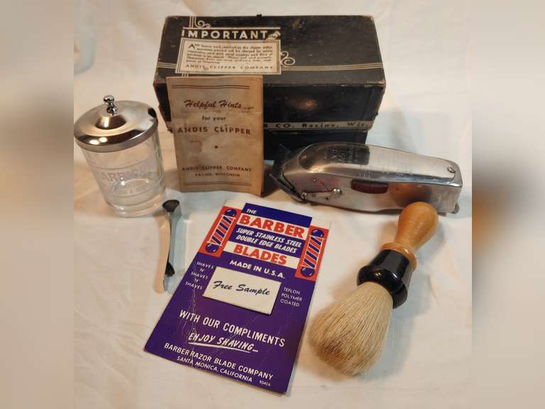 Mini Barbicide Jar, sample Barber blades display, Andis Master Clippers
