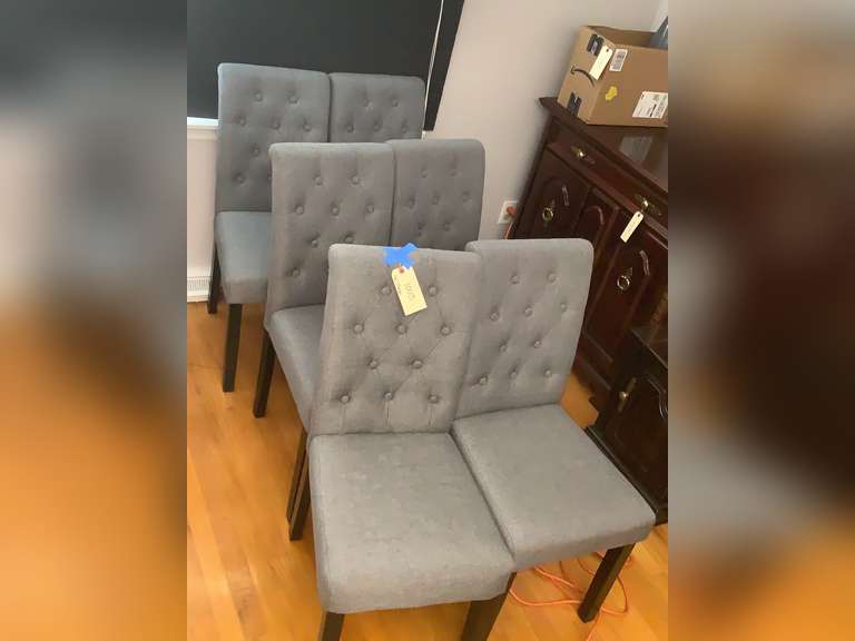 6 Fabric covered dining chairs. Measure approximately 36” x 17” x 19