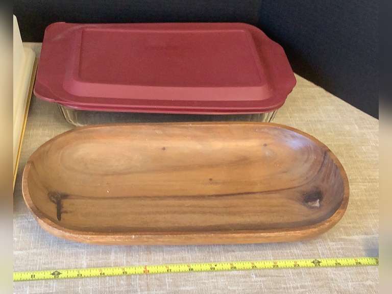Pyrex glass baking dish with lid, Tupperware cake carrier and oval wood