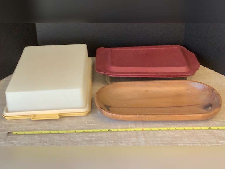 Pyrex glass baking dish with lid, Tupperware cake carrier and oval wood