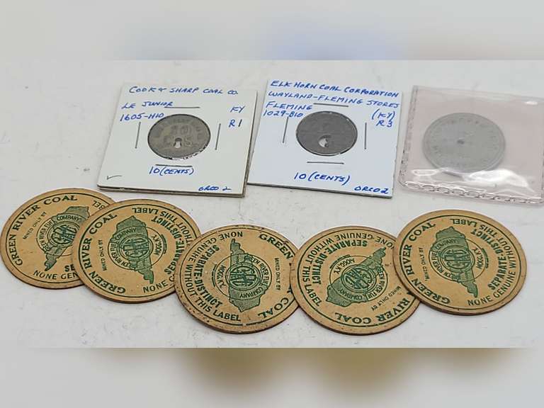 (8) Kentucky Coal Scrip & Tags (RARE R10 Cottingham Bros Robards, KY