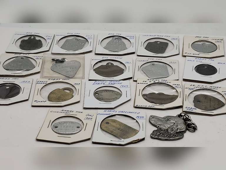 18 Dog Tags/License/Rabies Tags, Figural Dog Tag, 19031972, Various