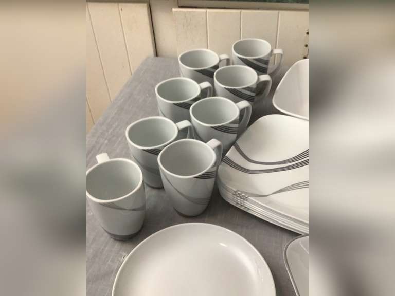 IKEA saucers and Corelle dishes, pattern is Vitrelle.