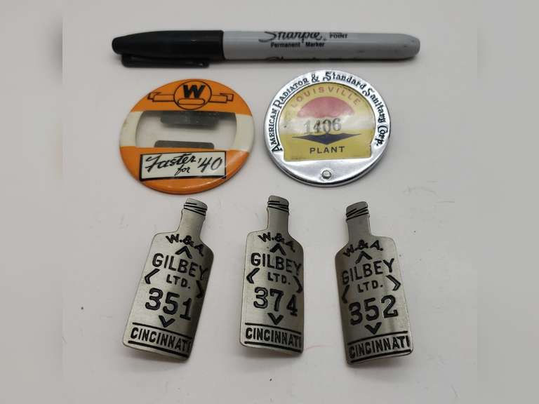 Group Of Employee Badges & I.D. Badge, Circa 1940 Gilbey LTD, American Radiator & Westinghouse, Cincinnati & Louisville