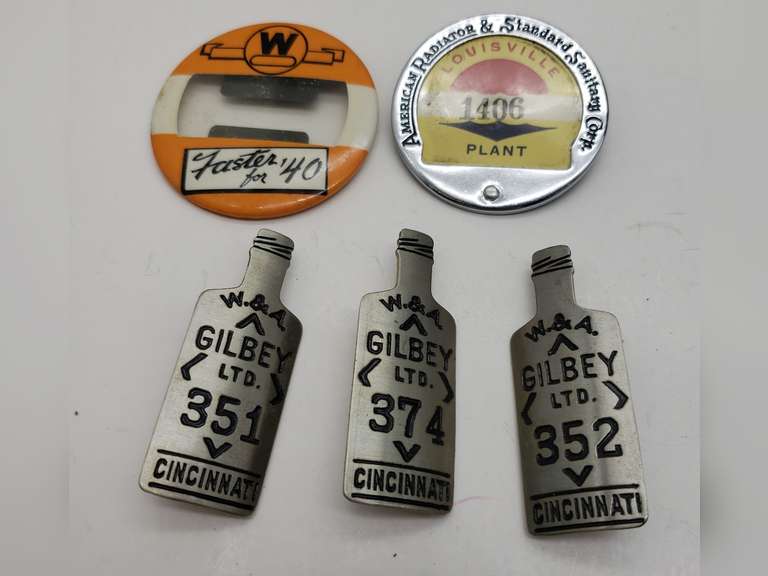 Group Of Employee Badges & I.D. Badge, Circa 1940 Gilbey LTD, American Radiator & Westinghouse, Cincinnati & Louisville