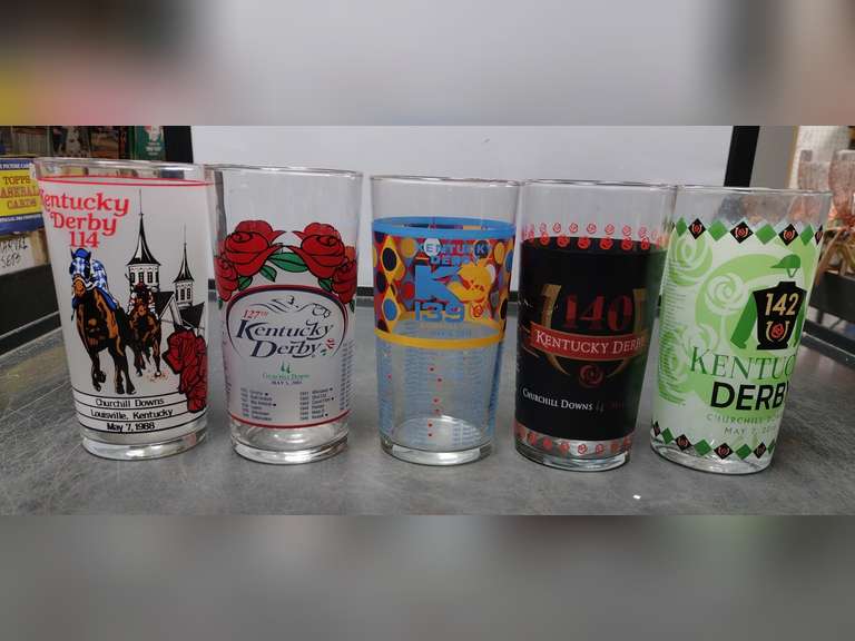 9 Horse racing glasses. Jim Beam Stakes, Belmont Stakes, 2 Breeder's