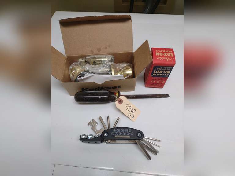 Kwikset door handle, Aladdin Loxon mantle box, screwdriver and folding