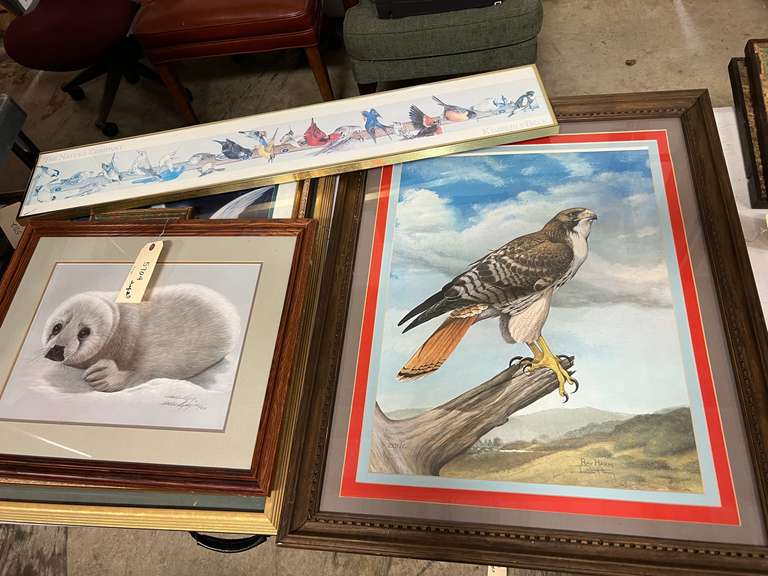 3 Framed animal prints 41” x 18”, 22” x 18” and 32.5” x 26”.