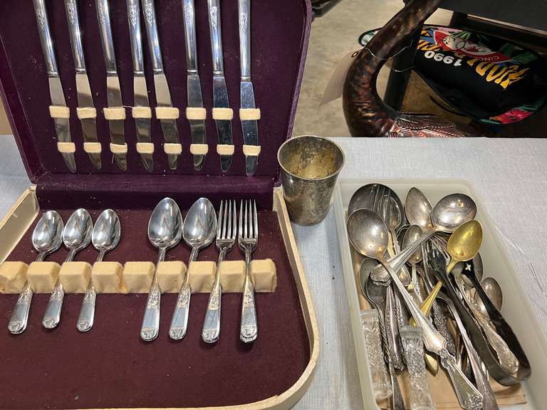 Silverware, various makers, tongs, 2 crystal knife rests. Silverware