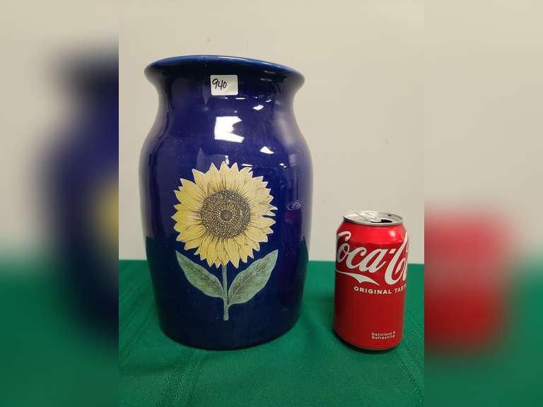 Cobalt blue crock/vase with sunflower