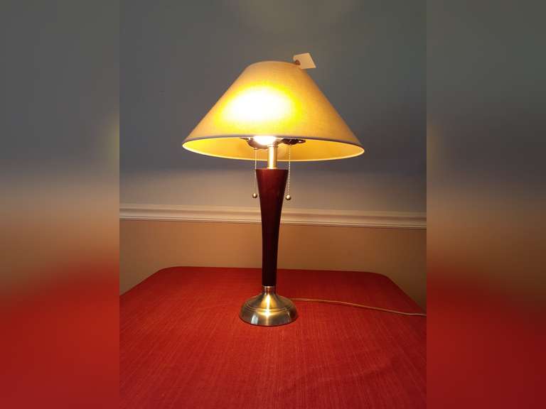 MCM Wood & Metal Pull String Lamp powered on