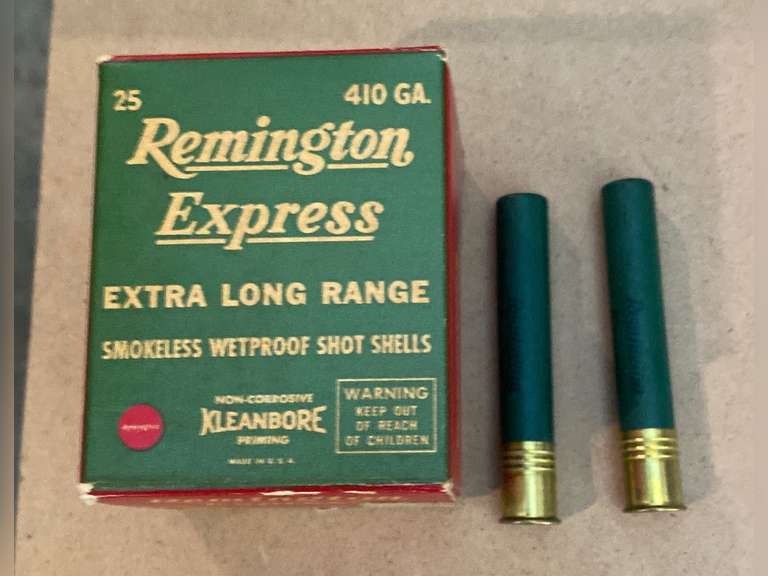 Reman Shell Partial old box of Remington Express 410 gauge shotgun shells. 9 shells ...