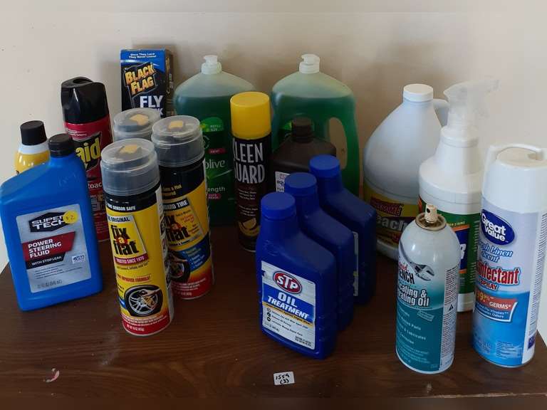 Box Lot of Cleaning Supplies, Car Maintenance Products & More