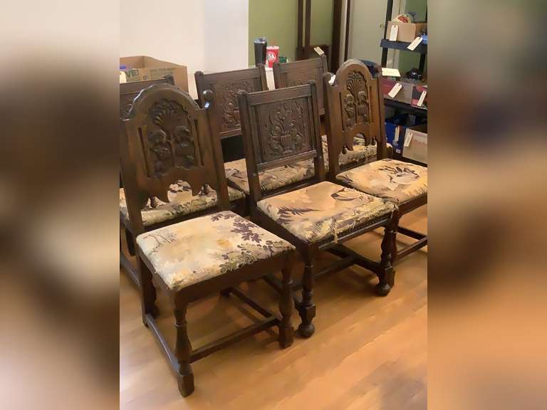 Heavy wood dining chairs that need to have the seats recovered. Chairs