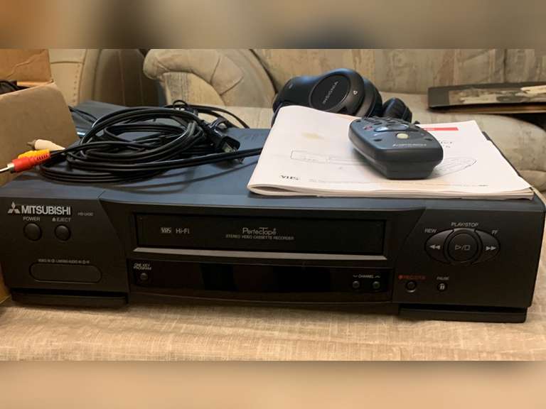 VHS player, headphones