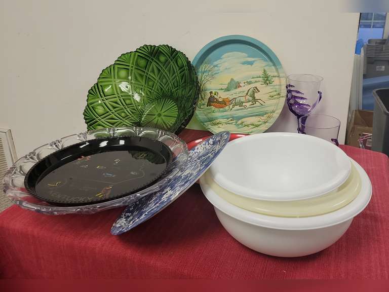Assorted Plastic Serving Bowls, Platters and Metal English Jelly Tray