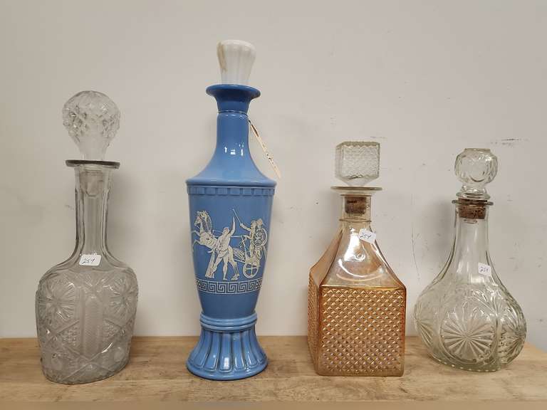 Assorted decanters including blue milk glass Jim Beam