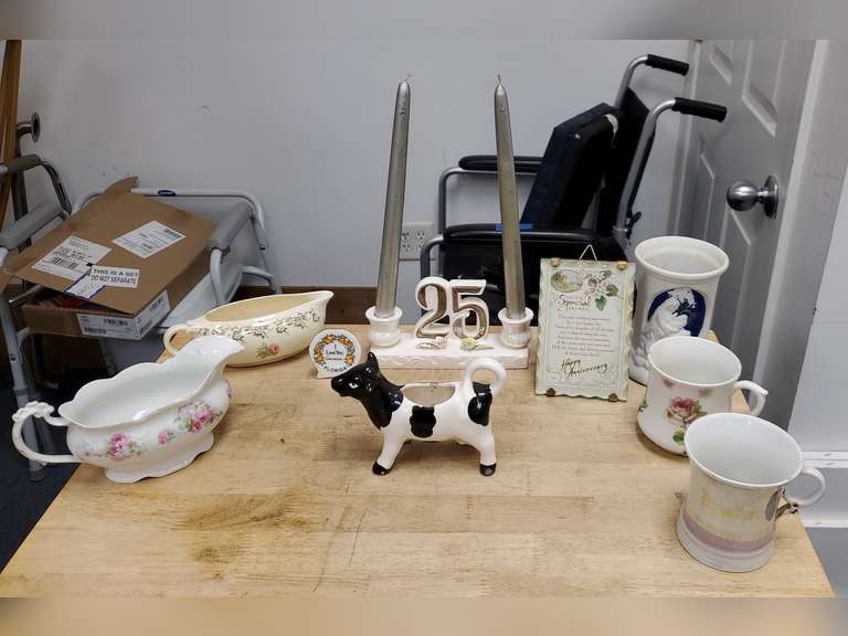 Assortment of Gravy boats, creamer, cups, 25th wedding anniversary