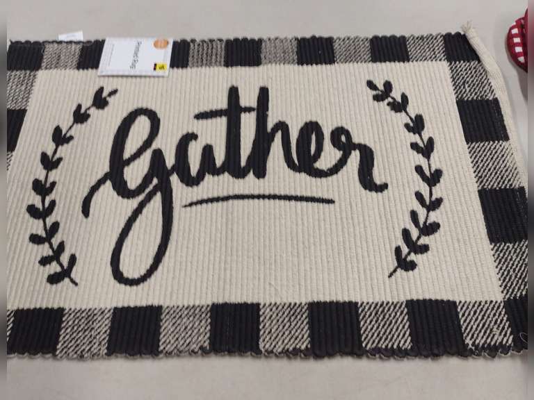 Box of Items Pot Holders, Kitchen Towels, Kitchen Rug, Cloth Pumpkins