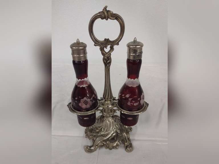 Vintage Red Cruet Set Includes 2 Bottles, Donated by Friend of Kiwanis