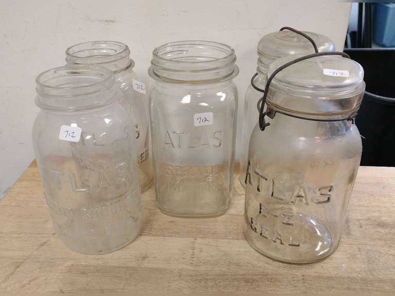 5 Atlas quart canning jars, 2 Strong Shoulder, 1 Special Mason. 2 EZ