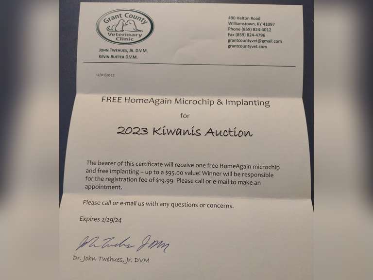 Certificate for a Microchip and Implantation, Value 90, Donated by