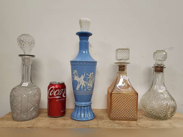 Assorted decanters including blue milk glass Jim Beam