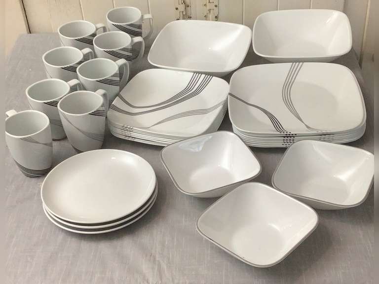 IKEA saucers and Corelle dishes, pattern is Vitrelle.