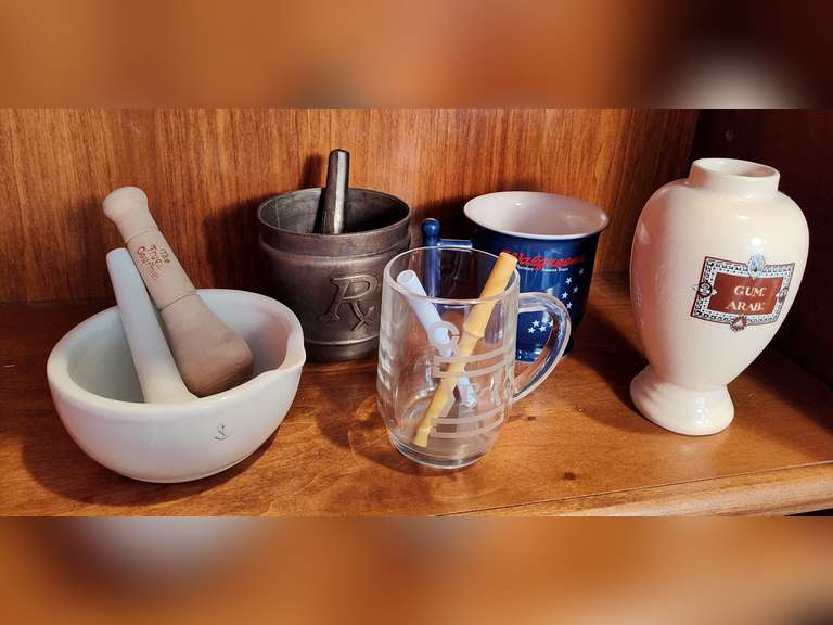Two Mortar and Pestle, two coffee cups, thermometers and a Gum Arab