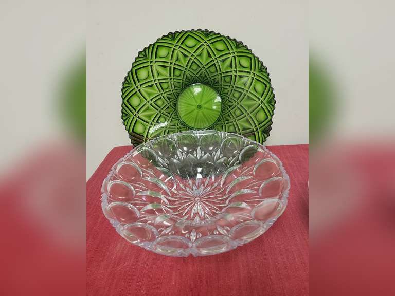 Assorted Plastic Serving Bowls, Platters and Metal English Jelly Tray