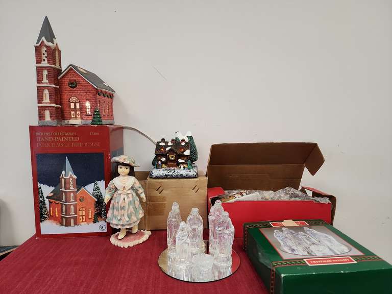 Assorted Christmas Village pieces, crystal nativity and more
