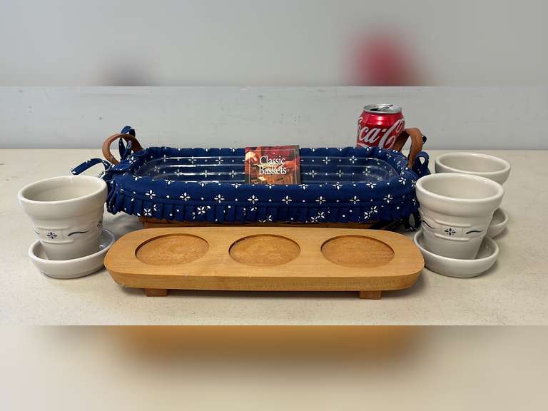 Longaberger Pottery Woven Traditions Blue Flower Pot and Basket