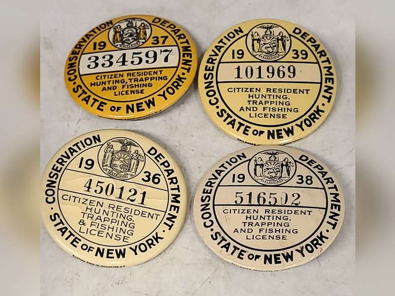 (4) New York Fishing & Hunting License Resident Badges 19361939