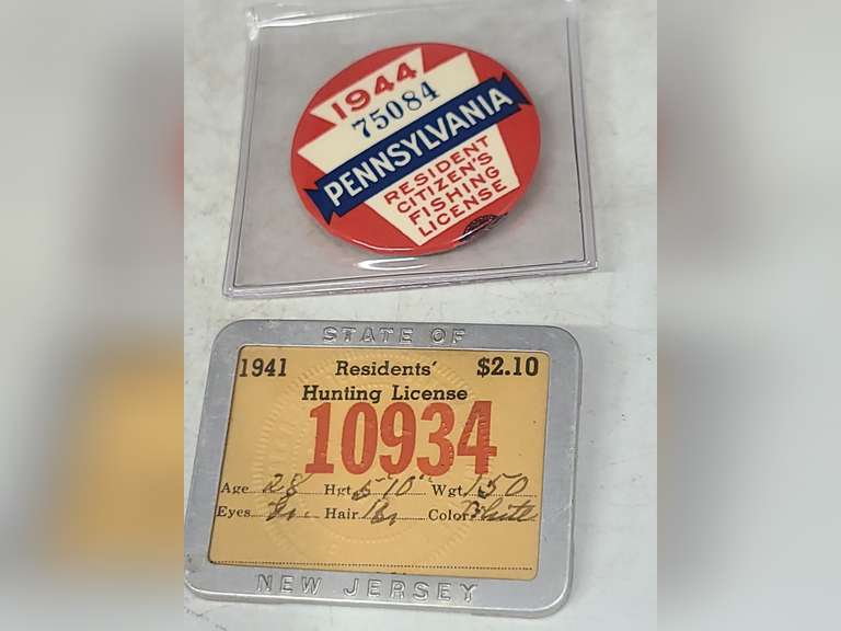 1941 New Jersey Hunting License with Frame, 1944 PA Fishing License, Red, White & Blue