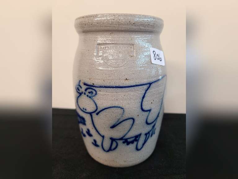 Salmon Falls Stoneware crock with Cow decor Northern Kentucky Auction