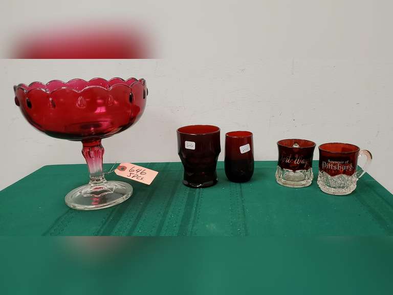 Ruby Red Glass Pedestal Fruit Bowl Red Stemmed Teardrop Scalloped Rim ...