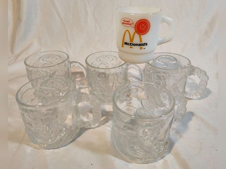 McDonald's cups 5 Batman cups and a milk glass good morning cup
