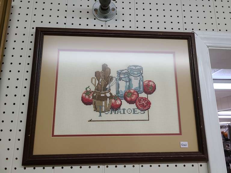 Framed and matted cross stitch wall hanging by Linda Shipp 21x16in