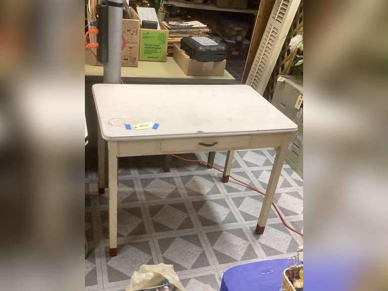 Vintage enamel top table with wood frame and center pull out drawer
