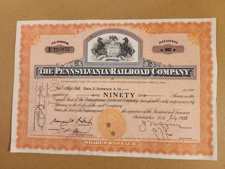 1955 Stock certificate Pennsylvania Railroad Company Northern