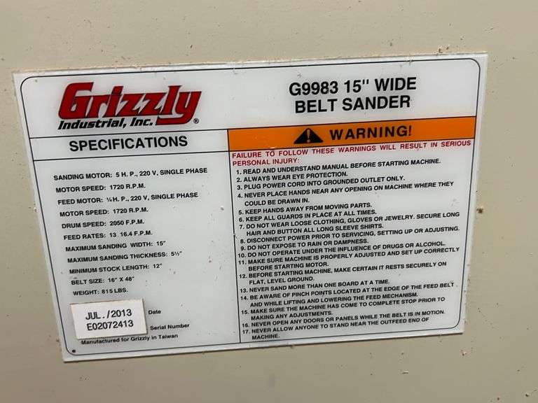 Grizzly G9983 15" OpenEnd WideBelt Sander NW Asset Services