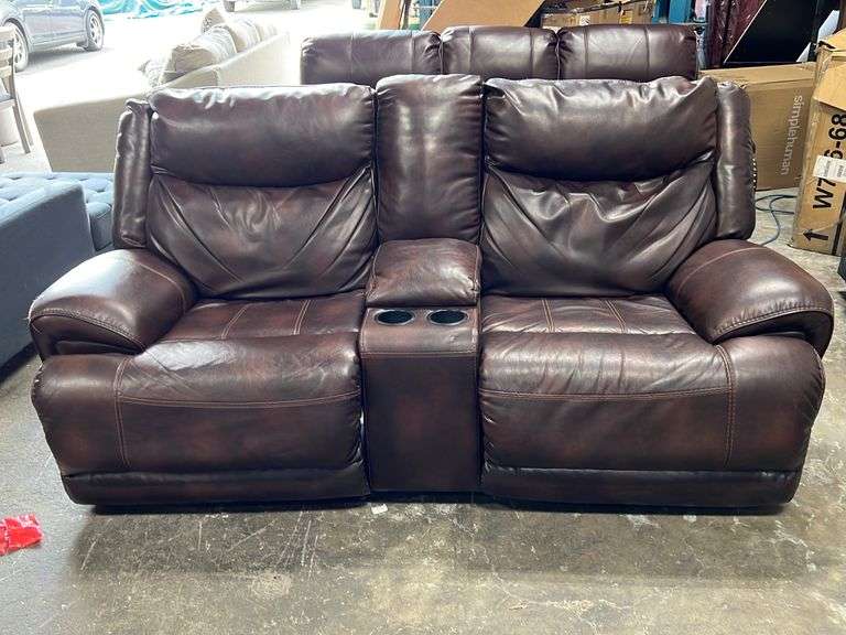 Brown Leather Power Recliner Loveseat w/ Center Console NW Asset Services